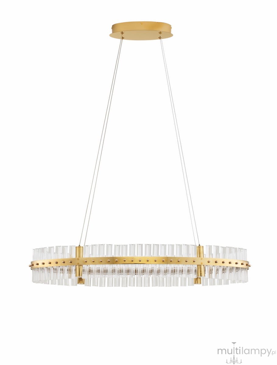 Lampa wisząca Mayo D90 z jednym źródłem światła LED o mocy 45W. Okrągła konstrukcja w złotym kolorze z przezroczystymi, szklanymi elementami. Montaż na suficie, zawieszona na dwóch cienkich linkach. Tło białe, prostokątne.