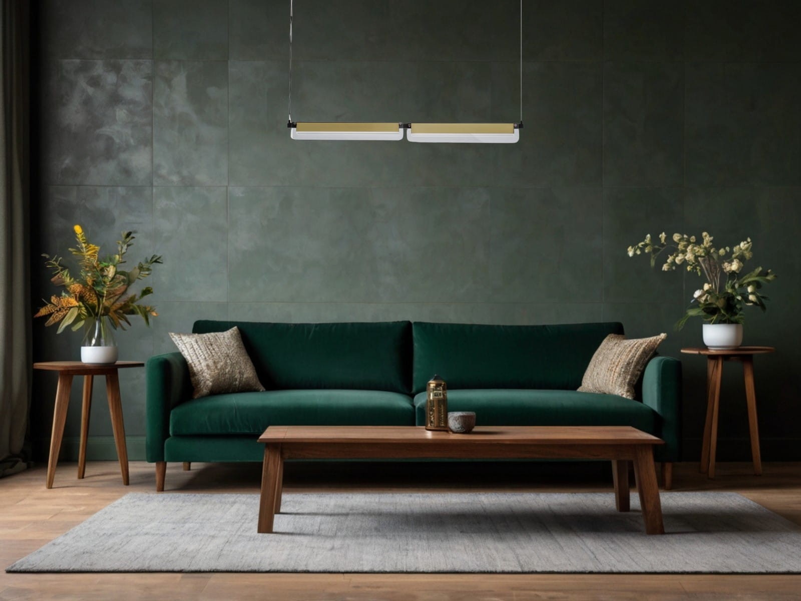 Lampa wisząca Roca z dwoma źródłami LED (20W) w kolorze czarnym i złotym, zawieszona nad zieloną sofą. Prosty, nowoczesny design, z długim prostokątnym kloszem. Tło w odcieniach zieleni tworzy elegancką aranżację wnętrza.