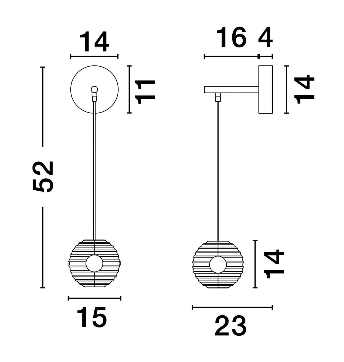 Kinkiet Seco 1xLED/13W w kolorze czarnym, z okrągłą podstawą o średnicy 14 cm i podłużnym kloszem w kształcie kulistym z rowkami, zawieszony na wysokości 52 cm. Wymiary klosza: 15 cm szerokości i 14 cm wysokości.