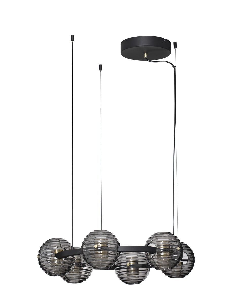 Lampa wisząca Seco z 6 żarówkami LED, czarna, z przezroczystymi, okrągłymi kloszami wzdłuż metalowej ramy. Zawieszona na cienkich linkach, z okrągłym mocowaniem sufitowym. Idealna do nowoczesnych wnętrz.