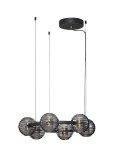 Lampa wisząca Seco z 6 żarówkami LED, czarna, z przezroczystymi, okrągłymi kloszami wzdłuż metalowej ramy. Zawieszona na cienkich linkach, z okrągłym mocowaniem sufitowym. Idealna do nowoczesnych wnętrz.