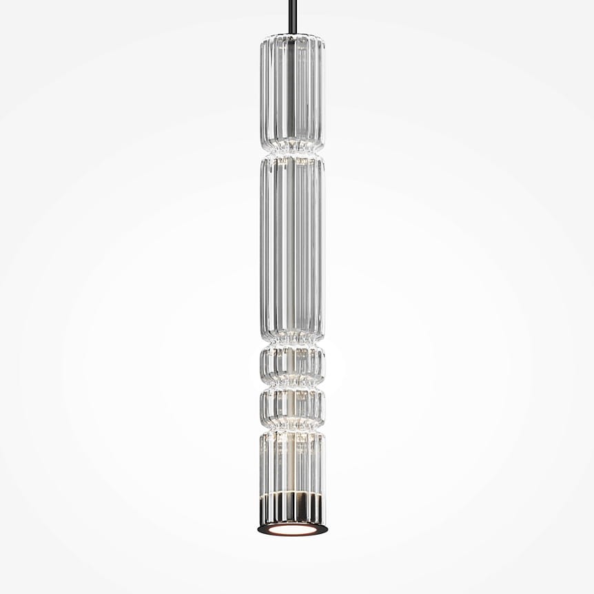 Lampa wisząca LED Ordo H58 o mocy 8W w chromowanej oprawie. Wysoka, cylindryczna konstrukcja z przezroczystego szkła, z wyraźnymi żłobieniami. Zawieszona na cienkim przewodzie, idealna do nowoczesnych wnętrz.
