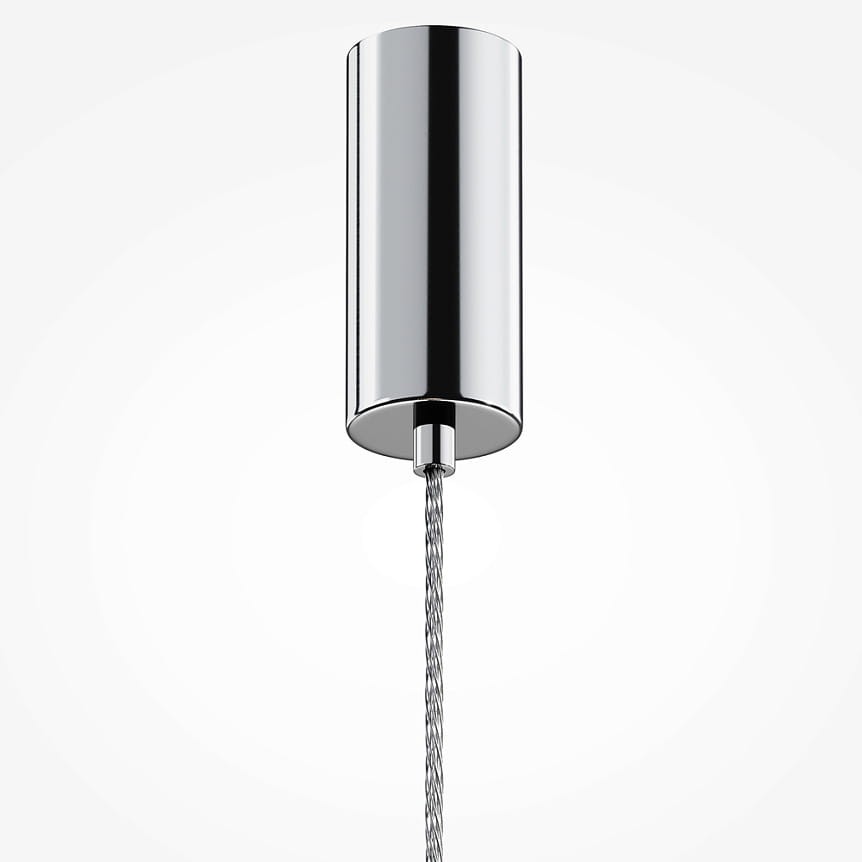 Lampa wisząca LED Ordo H58 o mocy 8W w chromowanej obudowie. Widok z góry, ukazujący cylindryczny klosz oraz zawieszenie na cienkim, metalowym sznurku. Tło białe, co podkreśla błyszczący materiał.
