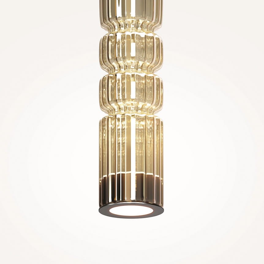 Lampa wisząca LED Ordo H58 o mocy 8W w kolorze czarnym i koniakowym. Posiada cylindryczny klosz z teksturowanego szkła, z wyraźnymi liniami i połyskującym wykończeniem. Zawieszona w pionie, idealna do nowoczesnych wnętrz.