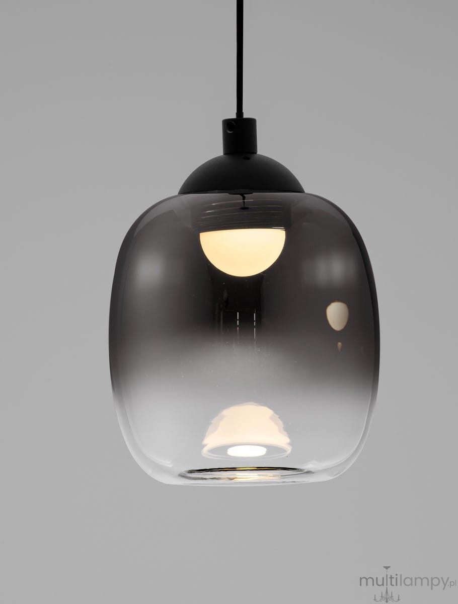 Czarna lampa wisząca Toay z kloszem z szarego szkła, zawieszona na czarnym przewodzie. Wewnątrz znajduje się żarówka LED o mocy 6W. Kształt klosza jest zaokrąglony, z połyskującą powierzchnią. Tło jasnoszare.
