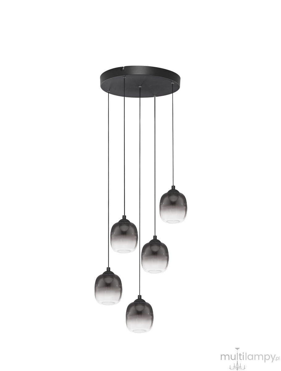 Lampa wisząca Toay z pięcioma szklanymi kloszami w kolorze dymnym, zawieszona na czarnych przewodach. Okrągła, czarna podsufitka. Klosze mają gładką fakturę i są w różnych wysokościach, co tworzy efektowną kompozycję. Idealna do nowoczesnych wnętrz.