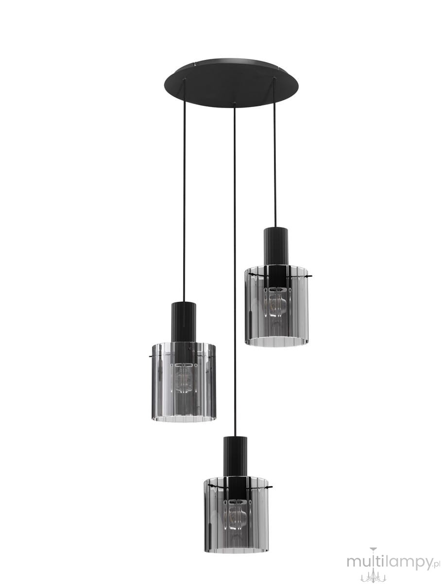 Czarna lampa wisząca Oran z trzema kloszami w formie przezroczystych cylindrów, zawieszona na czarnych linkach. U góry okrągła podsufitka. Klosze mieszczą żarówki E27. Idealna do nowoczesnych wnętrz.