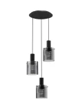 Czarna lampa wisząca Oran z trzema kloszami w formie przezroczystych cylindrów, zawieszona na czarnych linkach. U góry okrągła podsufitka. Klosze mieszczą żarówki E27. Idealna do nowoczesnych wnętrz.