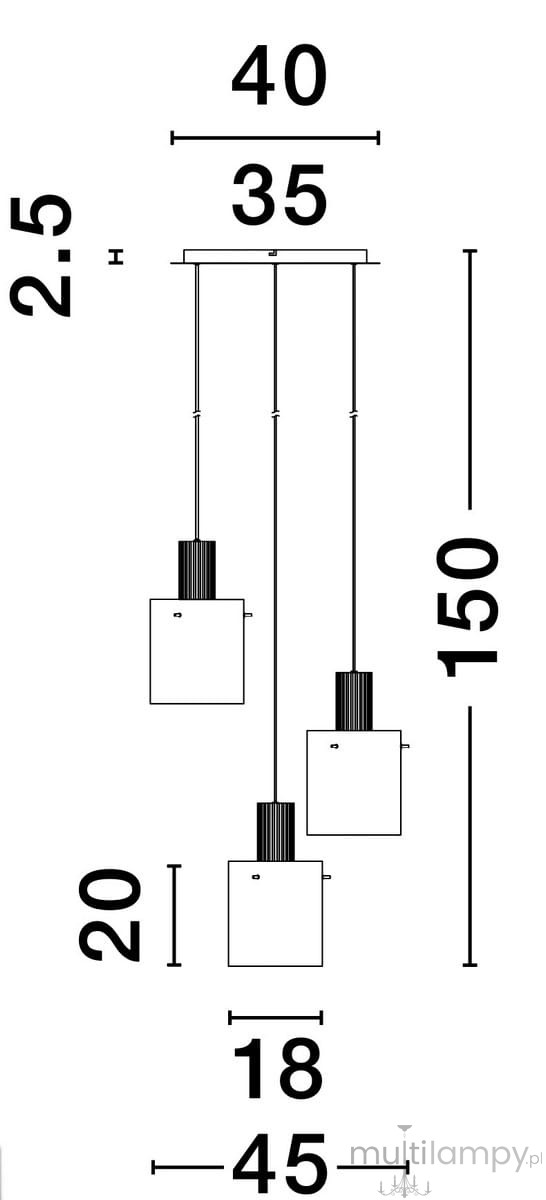 Lampa wisząca Oran z trzema oprawami E27 w czarnym kolorze. Uchwyt prostokątny o wymiarach 35 x 2,5 cm, z trzema zwisającymi kloszami o wymiarach 18 x 20 cm, zawieszonymi na różnych wysokościach. Idealna do nowoczesnych wnętrz.