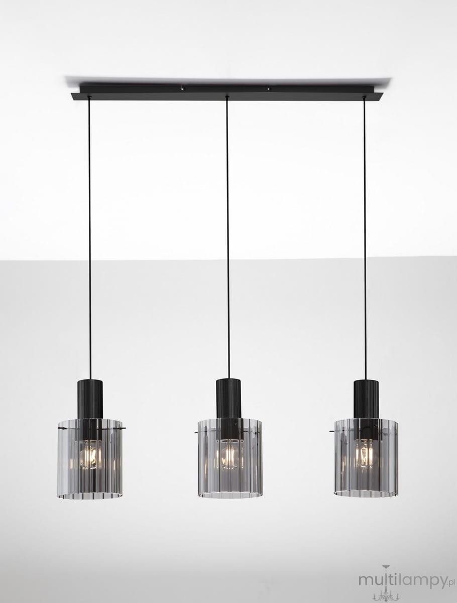 Lampa wisząca Oran 3xE27 w kolorze czarnym z trzema kloszami w odcieniu szaro-przezroczystym. Klasyczna konstrukcja z metalowym mocowaniem, zawieszona na cienkich linkach. Idealna do nowoczesnych wnętrz.