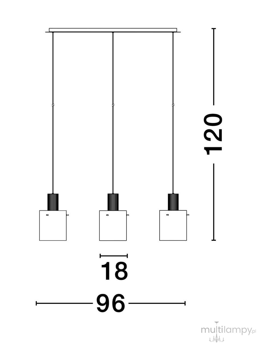 Czarna lampa wisząca Oran z trzema oprawami na żarówki E27. Wymiary: 120 cm wysokości, 96 cm długości, 18 cm szerokości. Prosty, nowoczesny design z prostokątnymi kloszami, idealna do aranżacji wnętrz.