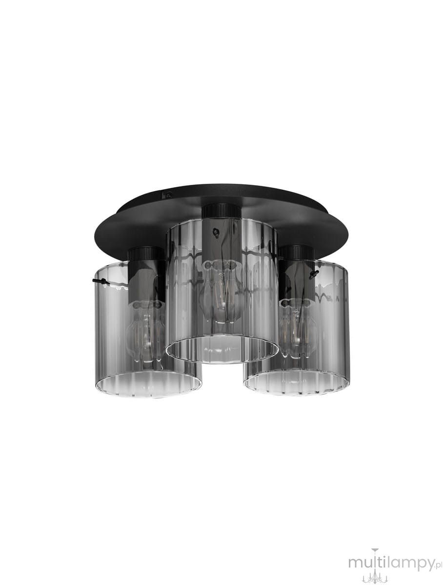 Czarna lampa sufitowa Oran z trzema oprawami E27, z przezroczystymi kloszami o cylindrycznym kształcie. Montaż sufitowy, widok z góry, ukazuje elegancki design i nowoczesny styl. Idealna do wnętrz.