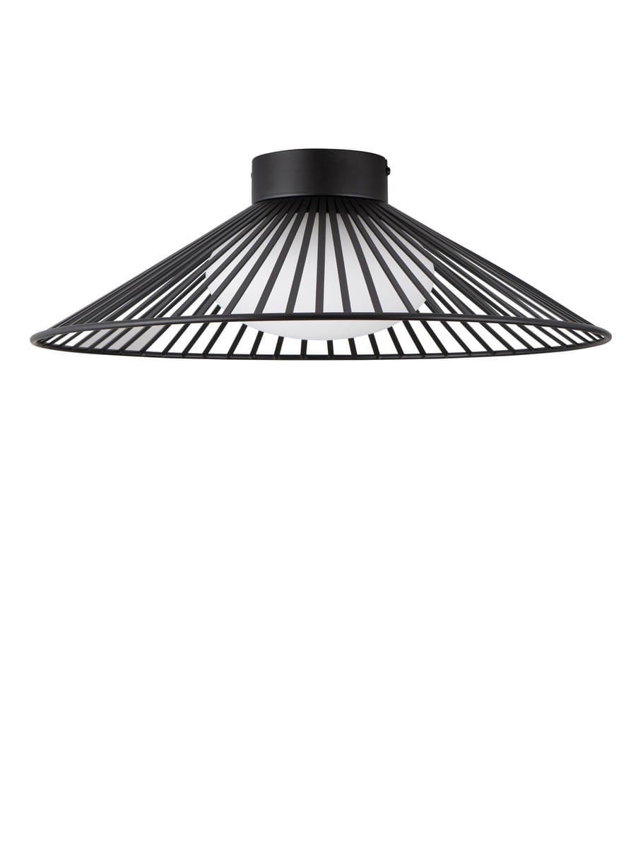 Lampa sufitowa Pena w kolorze czarnym, z metalową siatkową osłoną w kształcie stożka, z białym kloszem wewnętrznym. Ujęcie z dołu, pokazujące nowoczesny design i strukturę. Źródło światła LED 15W.