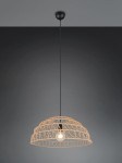 Lampa wisząca Paulette z kloszem w brązowym, plecionym stylu, zawieszona na czarnym przewodzie. Widoczna żarówka E27 w centrum klosza, umieszczona pod okrągłym, czarnym mocowaniem. Tło w odcieniach szarości, minimalistyczne.
