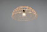 Lampa wisząca Paulette w kolorze czarnym i brązowym z okrągłym, plecionym kloszem z materiału. Zawiera żarówkę E27, wisi na cienkim kablu. Klosz ma otwartą strukturę, co umożliwia swobodne przenikanie światła. Tło szare, proste.