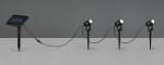 Zestaw trzech czarnych opraw dogruntowych solarnych Obidos Hybrid z trzema lampami LED (1,5W, 4000K), umieszczony na ciemnoszarym tle. Panele słoneczne oraz oprawy z mocowaniami w kształcie szpikulca, połączone przewodem.