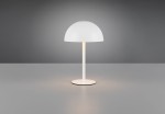 Lampa stołowa Munoz, biała, z okrągłym podstawą i cylindrycznym stelażem. Klosz w kształcie półkuli, zintegrowane oświetlenie LED o mocy 1,3W. Ujęcie frontalne, produkt ustawiony na gładkiej powierzchni.