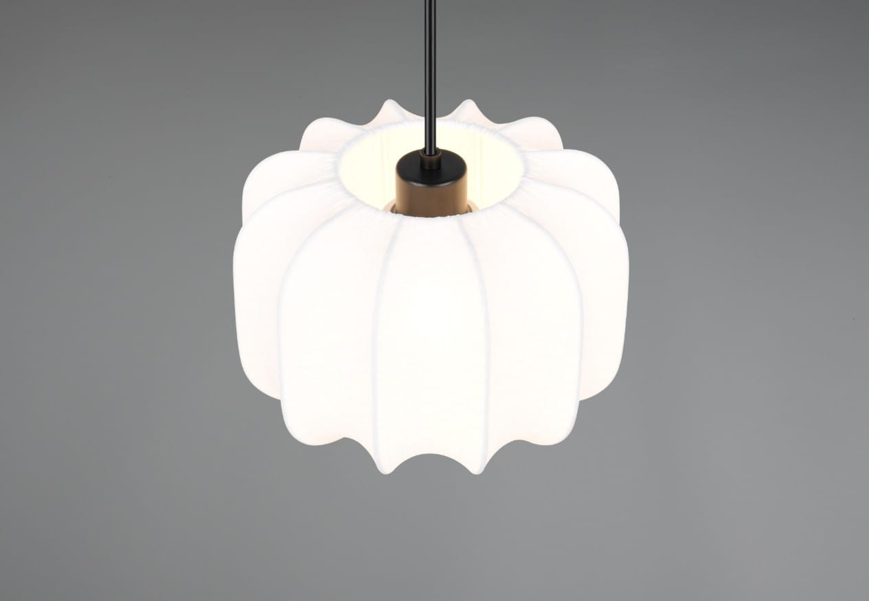 Lampa wisząca Madeline D25 w kolorze czarnym i białym, z kloszem w kształcie kwiatu. Zawieszona na cienkim, czarnym przewodzie. Widoczny gwint E27 wewnątrz klosza. Tło szare, prosty styl, idealna do nowoczesnych wnętrz.