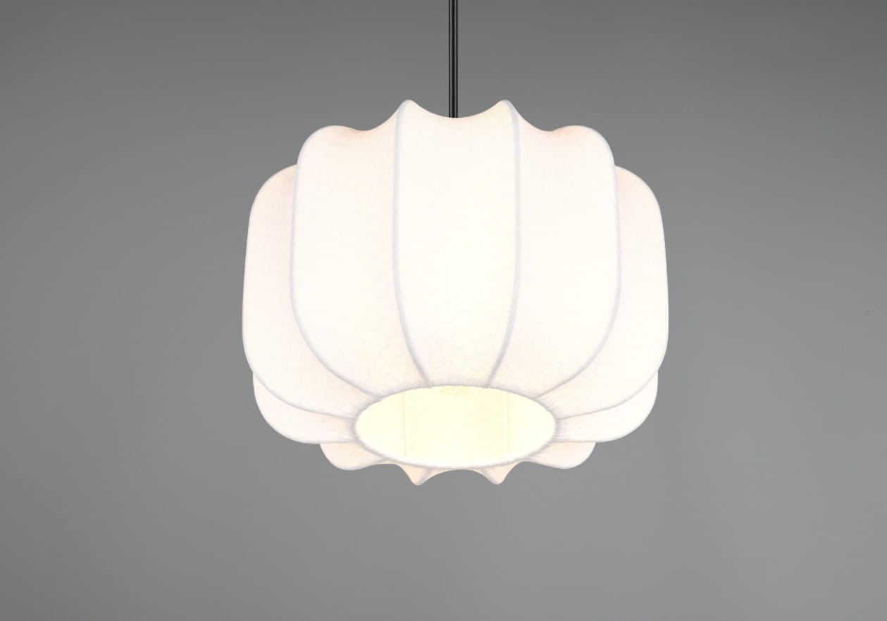 Lampa wisząca Madeline D25 w kolorze białym z czarnym zawieszeniem, o zaokrąglonym kształcie z delikatnym wzorem. Widoczne otwarte dno do zamocowania żarówki E27. Ujęcie frontalne, na jednolitym tle.