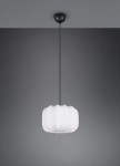 Lampa wisząca Madeline D25 z białym kloszem w kształcie fali, zawieszona na czarnym przewodzie. Klosz ma teksturowaną powierzchnię, a montaż sufitowy jest w kolorze czarnym. Produkt wisi pod kątem prostym w minimalistycznym otoczeniu.
