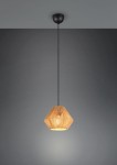 Lampa wisząca Lucille w kolorze czarnym i brązowym, zawieszona na czarnym przewodzie. Klosz w kształcie diamentu z plecionki, który odsłania miejsce na żarówkę E27. Prosta konstrukcja na jednolitym, szarym tle.