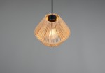 Lampa wisząca Lucille z oprawą w kolorze czarnym i kloszem w brązowym odcieniu, o kształcie talerza, z widocznym źródłem światła E27. Ujęcie z góry, na jednolitym szarym tle.