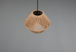 Lampa wisząca Lucille w kolorze czarnym i brązowym, wykonana z plecionego materiału. Kształt stożkowaty, z widocznym miejscem na żarówkę E27, zawieszona na cienkim kabelku. Tło szare, minimalistyczne.