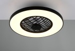 Czarna lampa sufitowa Linkoping z wentylatorem, wyposażona w pilot. Okrągła konstrukcja z białym pierścieniem świetlnym i siatką wentylacyjną na środku. Zintegrowane źródło LED o mocy 45W, z funkcją zmiany kolorów RGBW.