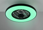 Czarna lampa sufitowa Linkoping z wentylatorem, z okrągłym, podświetlonym na zielono brzegiem. Widoczny siatkowy detal wentylatora w centrum. Pilot do zdalnego sterowania w zestawie. Oświetlenie LED 45W z funkcją RGBW. Ujęcie z dołu, na jednolitym tle.