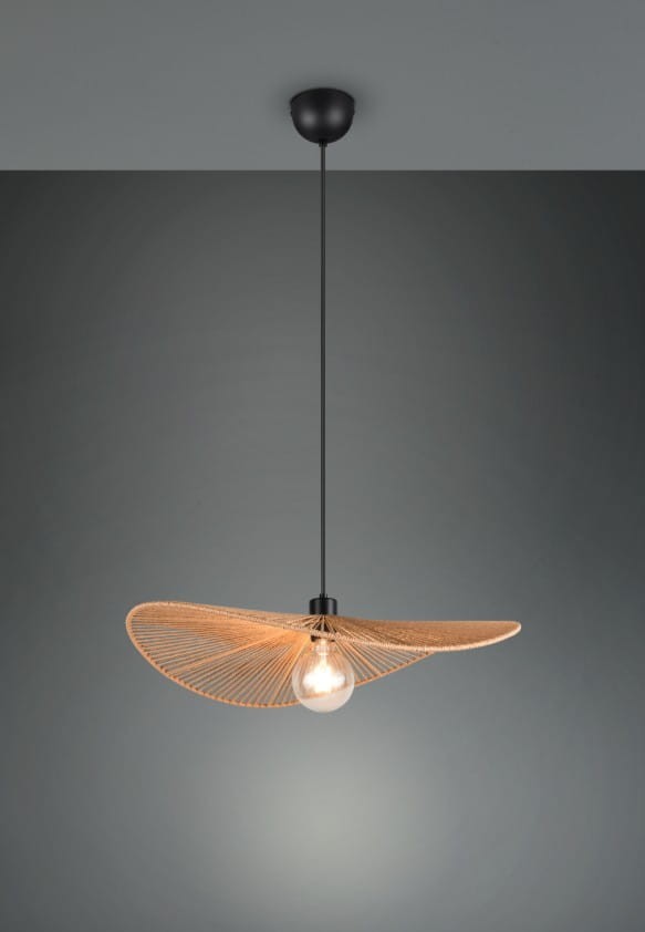 Lampa wisząca Laurine z czarnym zawieszeniem i brązowym kloszem w kształcie fali, z widoczną żarówką E27. Produkt zawieszony na cienkim, czarnym przewodzie, na jednolitym, ciemnym tle.