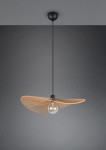 Czarna lampa wisząca Laurine z brązowym kloszem w formie falistej, zawieszona na cienkim przewodzie. Widoczna żarówka E27, minimalistyczny design. Tło w odcieniach szarości.