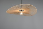 Lampa wisząca Laurine z czarnym stelażem i brązowym abażurem w kształcie elipsy, z widoczną żarówką E27. Ujęcie z dołu, podkreślające szczegóły konstrukcji z cienkich linek. Tło szare, minimalistyczne.