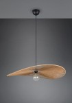 Lampa wisząca Laurine z czarnym metalowym mocowaniem i brązowym kloszem w kształcie dużego liścia. Wnętrze klosza odsłania żarówkę E27, zawieszona na cienkim, czarnym przewodzie. Tło szare, minimalistyczne.