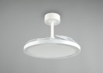 Biała lampa sufitowa Kasfjord z wentylatorem, z jednym źródłem LED o mocy 34W. Okrągła konstrukcja z przezroczystym kloszem, montowana na suficie, z pilotem do zdalnego sterowania.