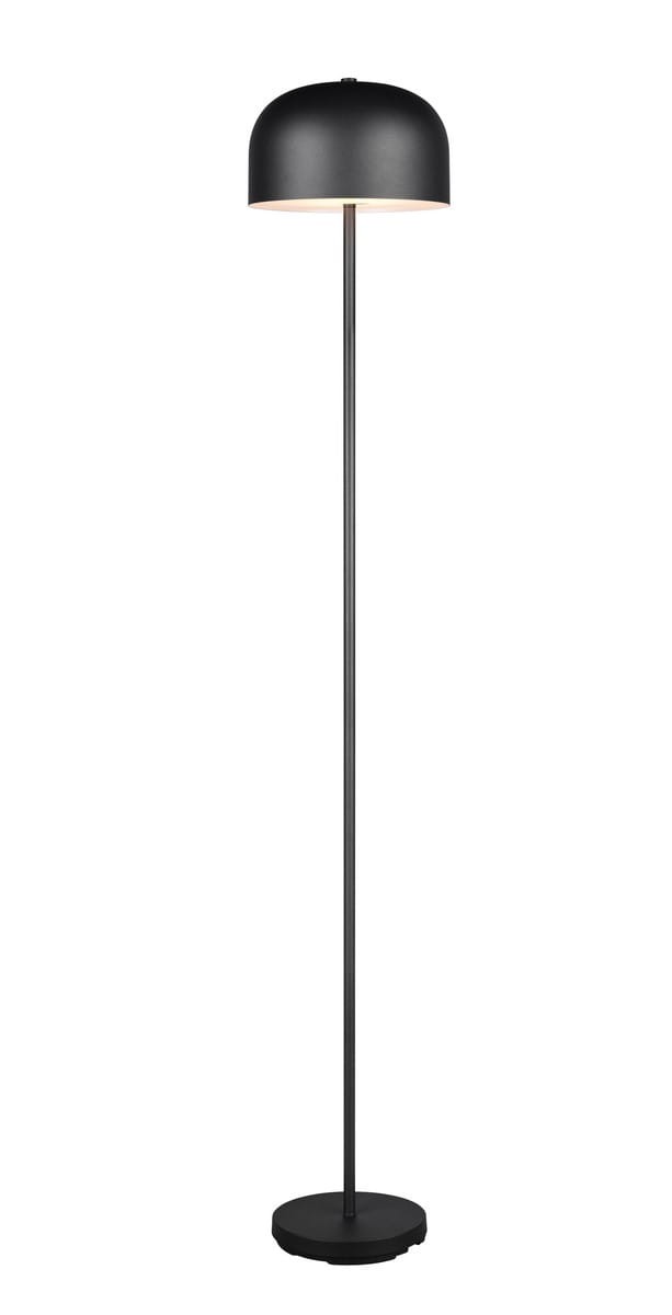 Lampa podłogowa Jeff w kolorze czarnym, z metalowym kloszem o półkulistym kształcie i prostą, stalową podstawą. Ujęcie frontalne, produkt stoi na płaskiej powierzchni. Wbudowane źródło światła LED o mocy 2,5W.
