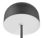 Lampa podłogowa Jeff z czarną metalową podstawą i okrągłym kloszem w matowym wykończeniu. Klosz ma białe wnętrze, a lampa jest w pozycji stojącej, z widocznym gniazdem LED. Ujęcie z dołu, eksponujące kształt i fakturę klosza.