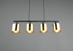 Lampa wisząca Jason 4xE14 w kolorze czarnym i złotym, składająca się z czterech cylindrycznych kloszy. Klosze mają błyszczące wykończenie, zawieszone na prostokątnej, czarnej belce. Produkt wisi na dwóch długich przewodach, na szarym tle.
