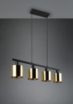 Lampa wisząca Jason z czterema metalowymi kloszami w kolorze złotym na czarnej konstrukcji, zawieszona na trzech linkach. Klosze mają cylindryczny kształt, a całość zamontowana jest na prostokątnej podstawie.