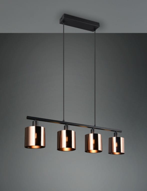 Lampa wisząca Jason 4xE14 w kolorze czarnym i brązowym, z czterema cylindrycznymi kloszami w kolorze miedzi zawieszonymi na poziomej belce. Klosze mają metaliczną, błyszczącą powierzchnię. Produkt zamontowany na prostokątnej podstawie sufitowej.