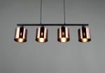 Lampa wisząca Jason z czterema kloszami E14 w kolorze czarnym i brązowym. Klosze mają cylindryczny kształt, wykonane z metalicznego materiału, zawieszone na czarnym stelażu. Ujęcie frontalne, produkt wisi na dwóch smukłych linkach.
