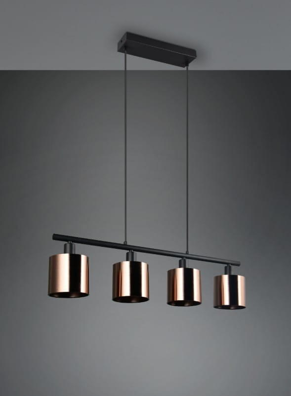 Lampa wisząca Jason 4xE14 w kolorze czarnym i brązowym, składająca się z czterech cylindrycznych kloszy zawieszonych na poziomej rurce. Klosze mają metaliczny, błyszczący wykończenie. Produkt zawieszony na cienkich linkach, montowany do sufitu.
