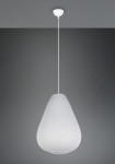 Lampa wisząca Janine w kolorze białym, wykonana z materiału o teksturowanej powierzchni, o kształcie kropli. Zawieszona na białym przewodzie, z zamocowaniem sufitowym. Idealna do nowoczesnych wnętrz.