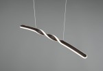 Lampa wisząca Ginko w kolorze czarnym z LED 18W, o falistym kształcie. Zawieszona na cienkich linkach, z wyraźnym podświetleniem krawędzi. Prosta, nowoczesna forma, idealna do minimalistycznych wnętrz. Tło szare, bez dodatkowych elementów.