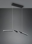 Lampa wisząca Ginko w kolorze czarnym z LED o mocy 18W. Posiada nowoczesny, falisty kształt, z widocznymi przewodami. Montowana na prostokątnej, czarnej podstawie, zawieszona na dwóch cienkich linkach. Tło w odcieniach szarości.
