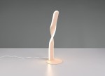 Lampa stołowa Ginko w kolorze piaskowym, z unikalnym, kręconym kształtem. Ustawiona na okrągłej podstawie, z widocznym kablem zasilającym. Źródło światła LED 10W, do użytku wewnętrznego. Tło szare, minimalistyczne.
