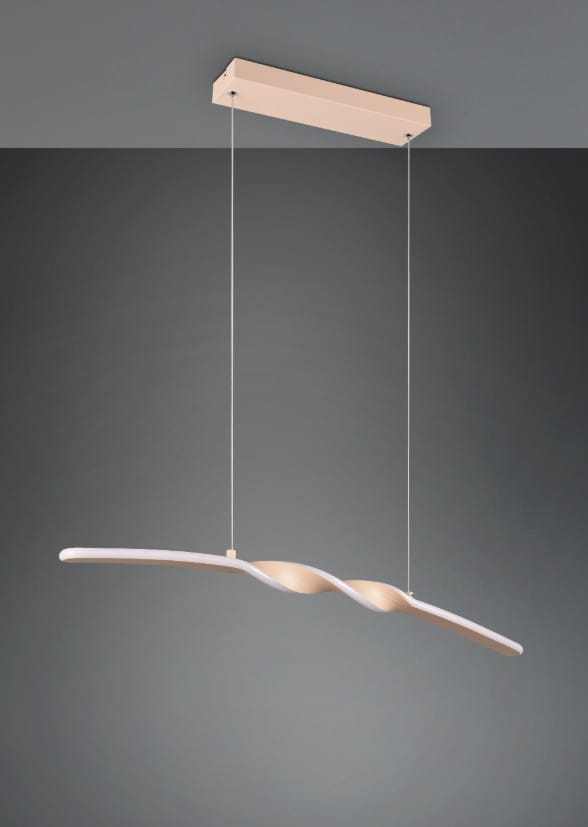 Lampa wisząca Ginko w kolorze piaskowym, z jedną diodą LED o mocy 18W. Posiada falisty kształt, zawieszona na cienkich linkach, z prostokątnym podwieszeniem. Tło ciemne, minimalistyczne, podkreślające elegancję lampy.