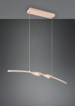 Lampa wisząca Ginko w kolorze piaskowym, z jedną diodą LED o mocy 18W. Posiada falisty kształt, zawieszona na cienkich linkach, z prostokątnym podwieszeniem. Tło ciemne, minimalistyczne, podkreślające elegancję lampy.