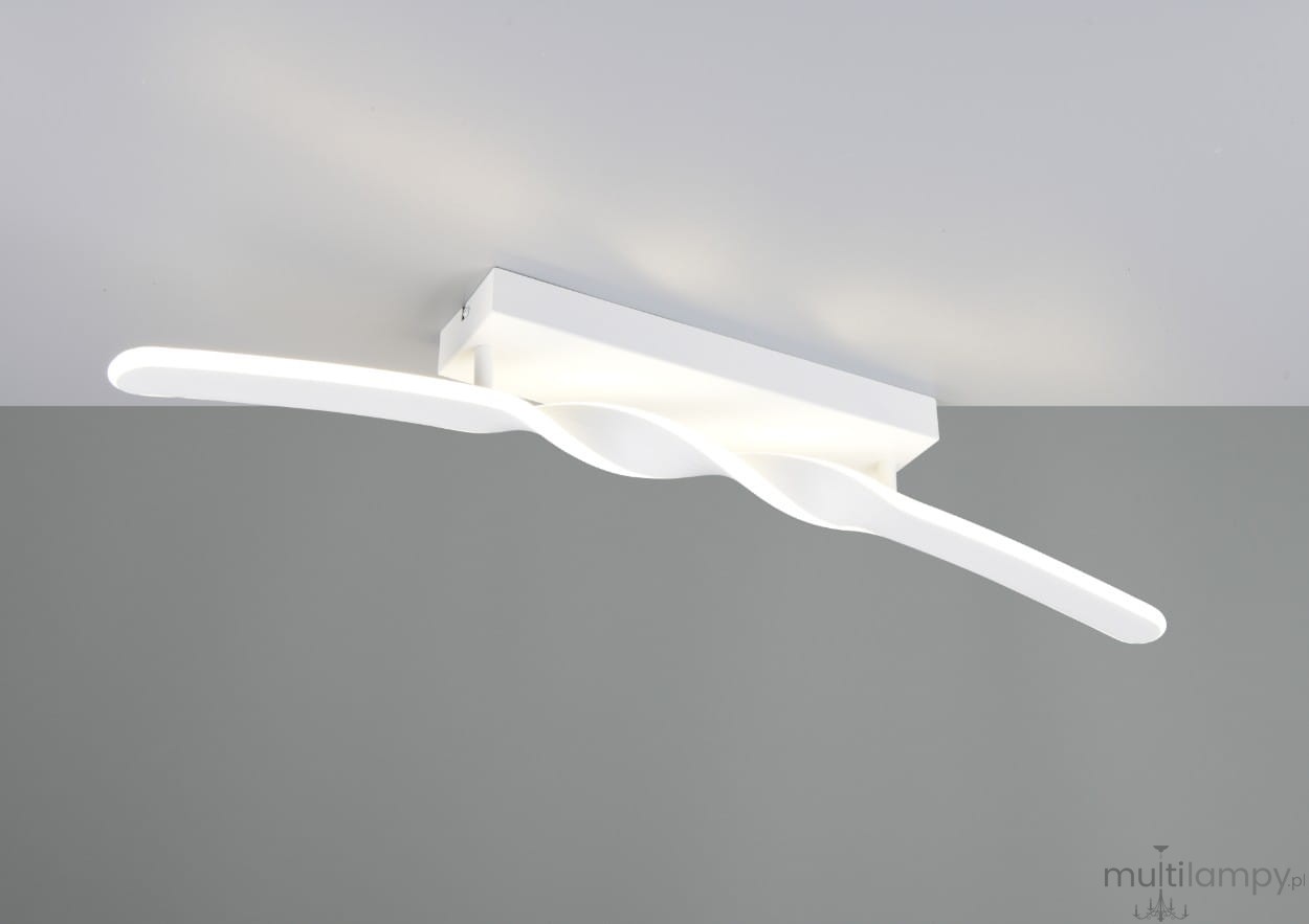 Lampa sufitowa Ginko 1xLED/18W w kolorze białym, z falującym kształtem. Zainstalowana na prostokątnej, białej podstawie. Ujęcie z dołu, ukazujące unikalny design i minimalistyczny styl. Tło szare, podkreślające produkt.