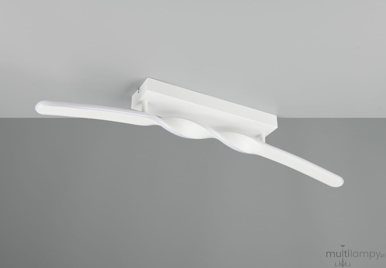 Lampa sufitowa Ginko w kolorze białym, o opływowym kształcie, z jedną diodą LED o mocy 18W. Zamontowana na prostokątnej podstawie, widoczna z boku, na jednolitym szarym tle.