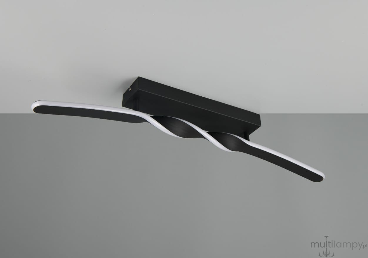 Lampa sufitowa Ginko w kolorze czarnym, z jedną diodą LED o mocy 18W. Posiada falisty kształt, z gładką, matową powierzchnią oraz białym podświetleniem na brzegach. Zainstalowana na prostokątnej podstawie, widok z dołu.